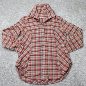 Royal Robbins Shirt Women Large Red Plaid Wide Collar Flannel Roll Sleeve Button